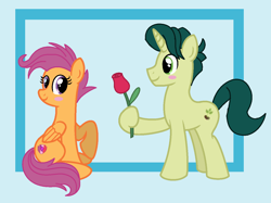 Size: 1272x950 | Tagged: safe, artist:box-of-ideas, artist:moonlightthegriffon, green sprout, scootaloo, pegasus, pony, unicorn, g4, base used, blushing, crack shipping, duo, duo male and female, female, flower, horn, looking at each other, looking at someone, male, mare, older, older green sprout, older scootaloo, ship:scootasprout, shipping, smiling, smiling at each other, stallion, straight