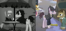 Size: 1056x506 | Tagged: safe, edit, edited screencap, screencap, modus ponens, natural deduction, the little match filly, earth pony, unicorn, a hearth's warming tail, g4, rarity investigates, season 5, season 6, detective, discovery family, discovery family logo, horn, john watson, logo, male, sherlock, sherlock holmes, stallion, watson