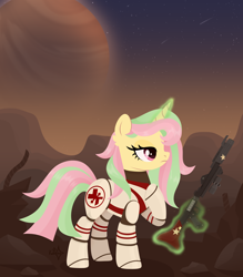 Size: 3500x4000 | Tagged: safe, artist:kabuvee, oc, oc only, pony, unicorn, armor, female, gun, horn, magic, mare, planet, solo, spacesuit, unicorn oc, weapon