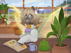 Size: 4000x3000 | Tagged: safe, artist:kabuvee, oc, oc only, changepony, hybrid, pony, book, clothes, flower, flower in hair, glasses, plant, plant pot, potted plant, shirt, solo, window