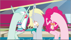 Size: 923x525 | Tagged: safe, edit, edited screencap, screencap, derpy hooves, lyra heartstrings, pinkie pie, equestria girls, g4, i'm on a yacht, my little pony equestria girls: better together, clothes, faceless female, female, not salmon, object head, offscreen character, surreal, swimming pool, swimsuit, trio, trio female, two-piece swimsuit, wat, wtf