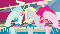 Size: 921x522 | Tagged: safe, artist:polorenzielephant, edit, edited screencap, screencap, derpy hooves, lyra heartstrings, pinkie pie, human, equestria girls, g4, i'm on a yacht, my little pony equestria girls: better together, faucet, female, not salmon, object head, surreal, swimming pool, trio, trio female, wat, water, wtf