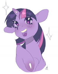 Size: 1292x1645 | Tagged: safe, artist:poselenets, twilight sparkle, pony, unicorn, g4, 2022, eyelashes, happy, horn, looking at you, open mouth, raised hoof, simple background, solo, sparkles, white background