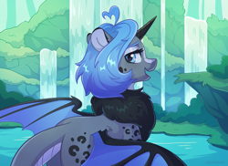 Size: 2677x1954 | Tagged: safe, artist:skysorbett, oc, oc only, oc:argi, hybrid, pony, bat wings, bush, chest fluff, eyebrows, female, grass, high res, horn, hybrid oc, looking at you, mare, nature, open mouth, open smile, outdoors, signature, smiling, smiling at you, solo, spots, spread wings, water, waterfall, wings