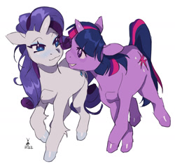 Size: 1684x1579 | Tagged: safe, artist:poselenets, rarity, twilight sparkle, pony, unicorn, g4, 2022, duo, duo female, ears back, female, horn, looking at each other, looking at someone, mare, shiny eyes, shiny hooves, simple background, smiling, unicorn twilight, unshorn fetlocks, white background