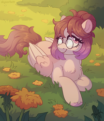 Size: 1862x2162 | Tagged: safe, artist:skysorbett, oc, oc only, oc:melri tea, pegasus, pony, bush, dandelion, female, flower, folded wings, glasses, gradient mane, grass, looking at you, mare, nature, outdoors, pegasus oc, smiling, smiling at you, solo, wings