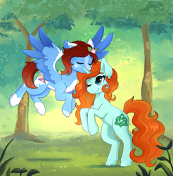 Size: 1773x1800 | Tagged: safe, artist:thenornonthego, oc, oc only, oc:crann taca, oc:itsey bitsey, pegasus, pony, unicorn, duo, eyes closed, flying, forehead kiss, forest, horn, kissing, nature, one eye closed, rearing, tree