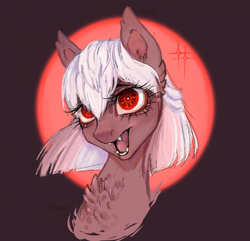 Size: 1954x1885 | Tagged: safe, artist:skinnedmeat, oc, oc only, pony, undead, vampire, vampony, bust, chest fluff, fangs, looking at you, open mouth, portrait, red eyes, solo