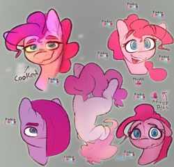 Size: 341x327 | Tagged: safe, artist:newpone, pinkie pie, earth pony, g4, drawing for ants, ears up, eyebrows, happy, looking at you, pinkamena diane pie, reference sheet, sad, simple background, smiling, solo, tail, upside down