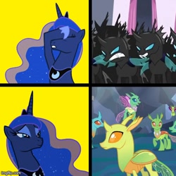 Size: 500x500 | Tagged: safe, edit, edited screencap, editor:railpony, screencap, arista, clypeus, cornicle, frenulum (g4), lokiax, princess luna, alicorn, changedling, changeling, pony, a canterlot wedding, g4, season 2, season 6, to where and back again, canterlot, changeling hive, clothes, eyeshadow, hotline bling, imgflip, jewelry, makeup, meme, peytral, ponified meme, shoes, tiara