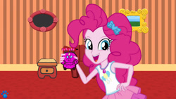 Size: 1920x1080 | Tagged: safe, artist:blockslikepl, edit, edited screencap, screencap, pinkie pie, human, equestria girls, g4, armchair, blue's clues, chair, crayon, drawer, female, handy dandy notebook, notebook, paw print, picture frame, room, sidetable drawer, solo, thinking chair