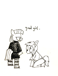 Size: 772x1000 | Tagged: safe, artist:y122n20497166, derpy hooves, maud pie, earth pony, pegasus, anthro, unguligrade anthro, g4, arm hooves, black and white, clothes, good girl, grayscale, kneeling, monochrome, shirt