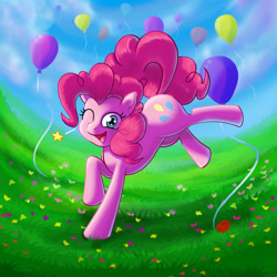 Size: 2550x2550 | Tagged: safe, artist:kcday, pinkie pie, earth pony, pony, g4, backbend, balloon, female, field, flower, grass, high res, looking at you, mare, one eye closed, open mouth, open smile, outdoors, sky, smiling, smiling at you, solo, tail, wink, winking at you