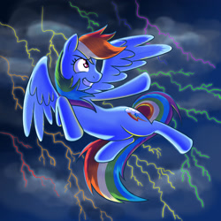 Size: 2550x2550 | Tagged: safe, artist:kcday, rainbow dash, pegasus, pony, g4, cloud, female, flying, grin, high res, lightning, mare, outdoors, sky, smiling, solo, spread wings, storm, stormcloud, tail, wings