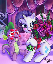 Size: 3600x4349 | Tagged: safe, artist:kcday, rarity, spike, dragon, pony, unicorn, g4, age difference, blush sticker, blushing, bouquet, carousel boutique, cute, duo, duo male and female, eyeshadow, female, flower, heart, heart eyes, high res, hoof hold, horn, indoors, kiss mark, lipstick, makeup, male, mare, open mouth, open smile, rose, ship:sparity, shipping, signature, sitting, smiling, spikabetes, spikelove, straight, tail, wingding eyes, wingless spike