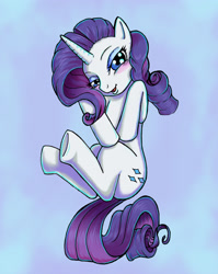 Size: 2242x2813 | Tagged: safe, artist:kcday, rarity, pony, unicorn, g4, blushing, eyeshadow, female, high res, horn, light blue background, looking at you, lying down, makeup, mare, on back, open mouth, simple background, solo, tail, underhoof