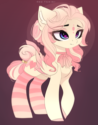 Size: 1935x2457 | Tagged: safe, artist:red_tsukini, oc, oc only, oc:butterfly kisses, pegasus, pony, g4, clothes, cute, eye clipping through hair, eyebrows, eyebrows visible through hair, female, folded wings, hair bun, high res, magical lesbian spawn, mare, neck bow, offspring, parent:fluttershy, parent:princess cadance, parents:flutterdance, pegasus oc, pretty, smiling, socks, solo, striped socks, tail, tail bun, wings