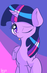 Size: 3850x5950 | Tagged: safe, artist:kawaiipony2, twilight sparkle, alicorn, pony, g4, absurd resolution, cute, female, folded wings, horn, looking at you, mare, one eye closed, raised hoof, signature, smiling, smiling at you, solo, tongue out, twiabetes, twilight sparkle (alicorn), wings, wink, winking at you