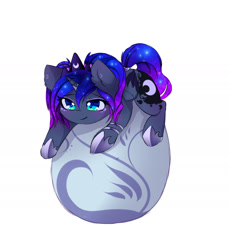 Size: 1841x1999 | Tagged: safe, artist:magnaluna, princess luna, alicorn, pony, g4, chibi, colored wings, colored wingtips, crown, cute, dragon egg, egg, female, folded wings, hoof shoes, horn, jewelry, lunabetes, lying down, mare, princess shoes, prone, regalia, simple background, solo, tail, white background, wings