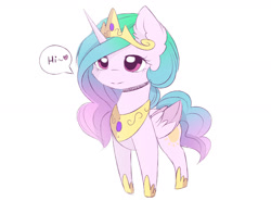 Size: 2400x1776 | Tagged: dead source, safe, artist:magnaluna, princess celestia, alicorn, pony, g4, chibi, colored wings, colored wingtips, crown, cute, cutelestia, female, folded wings, heart, hi, hoof shoes, horn, horseshoes, jewelry, mare, monologue, peytral, pinklestia, princess shoes, regalia, simple background, solo, speech bubble, tail, talking, white background, wings