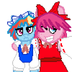 Size: 400x400 | Tagged: safe, artist:alumina nitride, pinkie pie, rainbow dash, g4, cirno, clothes, cosplay, costume, digital art, duo, female, hakurei reimu, mare, pixel-crisp art, simple background, touhou, transparent background