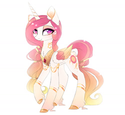 Size: 1726x1582 | Tagged: safe, artist:magnaluna, princess celestia, alicorn, pony, zefiros codex, g4, alternate design, alternate universe, beautiful, body markings, colored wings, colored wingtips, eyeshadow, female, folded wings, horn, looking at you, majestic, makeup, mare, missing accessory, peytral, simple background, smiling, smiling at you, solo, tail, white background, wings