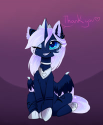 Size: 1600x1939 | Tagged: safe, artist:magnaluna, princess luna, alicorn, pony, g4, alternate design, cheek fluff, chest fluff, claws, colored pupils, colored wings, colored wingtips, crown, cute, dialogue, ear fluff, eyeshadow, fangs, female, gradient background, gradient horn, grin, heart, horn, jewelry, leg fluff, looking at you, lunabetes, makeup, mare, multicolored wings, one eye closed, partially open wings, peytral, purple background, regalia, shoulder fluff, simple background, sitting, smiling, smiling at you, solo, sparkly ears, sparkly mane, sparkly tail, sparkly wings, speech, speech bubble, tail, talking, thank you, white-haired luna, wing claws, wings, wink, winking at you, witting