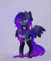Size: 2400x2845 | Tagged: safe, artist:magnaluna, princess luna, alicorn, pony, semi-anthro, g4, bipedal, bow, clothes, crown, curved horn, cute, eye clipping through hair, female, hair bow, high res, hoof shoes, horn, jewelry, lunabetes, mare, partially open wings, princess shoes, regalia, smiling, socks, solo, stockings, tail, thigh highs, wings