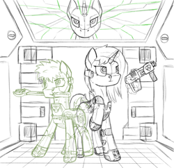 Size: 2480x2400 | Tagged: safe, artist:zocidem, oc, oc only, oc:delly, oc:wrench, earth pony, pony, unicorn, armor, augmented, door, horn, magic, shodan, sketch, system shock, telekinesis, video game, weapon, wrench