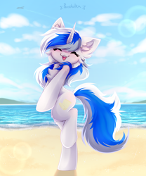 Size: 2500x3000 | Tagged: safe, artist:persikulka, oc, oc only, pony, unicorn, ^^, beach, bipedal, blushing, chest fluff, cloud, contrail, ear fluff, eyes closed, fluffy, happy, horn, open mouth, open smile, plane, sky, smiling, solo, standing, standing on one leg, tail, two toned mane, two toned tail, unicorn oc, white coat