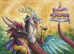 Size: 4446x3274 | Tagged: safe, artist:the-wizard-of-art, discord, oc, draconequus, dragon, g4, birthday cake, cake, dragon oc, duo, duo male, food, high res, horns, hug, male, non-pony oc, open mouth, outdoors, traditional art, watercolor painting, wings