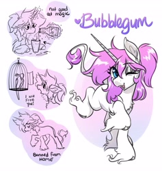 Size: 3879x4096 | Tagged: safe, artist:opalacorn, oc, oc only, oc:bubblegum, bird, pony, unicorn, birdcage, cage, commission, female, horn, long feather, looking at you, mare, one eye closed, simple background, smiling, smiling at you, solo, white background, wink, winking at you