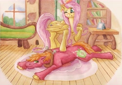 Size: 6897x4789 | Tagged: safe, artist:the-wizard-of-art, big macintosh, fluttershy, earth pony, pegasus, pony, g4, absurd resolution, big macintosh's yoke, book, bookshelf, duo, duo male and female, female, horse collar, indoors, lying down, male, mare, massage, one eye closed, prone, raised hoof, sploot, stallion, tail, traditional art, unshorn fetlocks, watercolor painting, window, wings, yoke