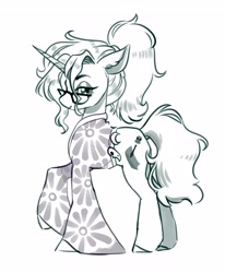 Size: 3379x4096 | Tagged: safe, artist:opalacorn, oc, oc only, pony, unicorn, clothes, female, glasses, grayscale, horn, lidded eyes, looking at you, mare, monochrome, shirt, simple background, smiling, smiling at you, solo, white background