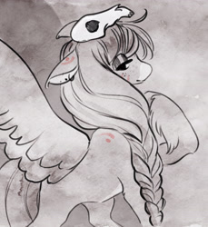 Size: 3445x3764 | Tagged: safe, artist:opalacorn, oc, oc only, oc:ondrea, pegasus, pony, abstract background, female, floppy ears, grayscale, lidded eyes, looking at you, mare, monochrome, skull, solo, spread wings, wings