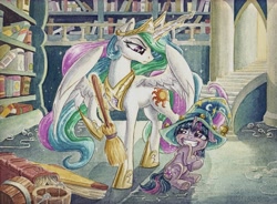 Size: 6839x5020 | Tagged: safe, artist:the-wizard-of-art, princess celestia, twilight sparkle, alicorn, pony, unicorn, g4, absurd resolution, book, bookshelf, broom, celestia is not amused, clothes, costume, crown, duo, duo female, embarrassed, fantasia, female, filly, filly twilight sparkle, foal, glowing, glowing horn, grin, hat, hoof shoes, horn, indoors, jewelry, levitation, looking at each other, looking at someone, magic, magic aura, mare, nervous, nervous smile, parody, peytral, princess shoes, raised hoof, reference, regalia, sheepish grin, sitting, smiling, star swirl the bearded costume, telekinesis, the sorcerer's apprentice, traditional art, unamused, underhoof, unicorn twilight, water, watercolor painting, wet, wet mane, wings, younger