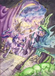 Size: 5042x6937 | Tagged: safe, artist:the-wizard-of-art, queen chrysalis, twilight sparkle, changeling, changeling queen, pony, unicorn, g4, spoiler:comic, absurd resolution, assault, crescent moon, duo, duo female, fangs, female, glowing, glowing horn, horn, laser, magic, magic aura, mare, moon, night, open mouth, punish the villain, scene interpretation, traditional art, unicorn twilight, unshorn fetlocks, watercolor painting