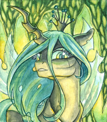 Size: 2190x2486 | Tagged: safe, artist:the-wizard-of-art, queen chrysalis, changeling, changeling queen, g4, crown, female, high res, horn, jewelry, looking at you, regalia, slit pupils, solo, spread wings, traditional art, transparent wings, watercolor painting, wings