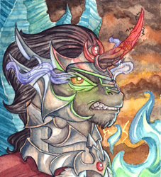 Size: 2188x2411 | Tagged: safe, artist:the-wizard-of-art, king sombra, pony, unicorn, g4, curved horn, high res, horn, looking at you, male, solo, stallion, traditional art, watercolor painting