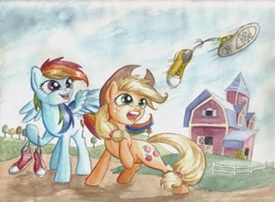 Size: 6814x5003 | Tagged: safe, artist:the-wizard-of-art, applejack, rainbow dash, earth pony, pegasus, pony, g4, absurd resolution, applejack's hat, barn, clothes, converse, cowboy hat, duo, duo female, female, freckles, hat, looking at something, mare, open mouth, open smile, outdoors, raised hoof, shoes, smiling, spread wings, sweet apple acres barn, tail, traditional art, watercolor painting, wings