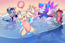 Size: 3000x2000 | Tagged: safe, artist:lionbun, oc, oc only, oc:crimson cove, oc:marina, oc:sea breeze, oc:sea spray, oc:seafoam bay, bat pony, original species, pegasus, shark, shark pony, unicorn, artfight, bat pony oc, beach ball, beach day, beack, female, friends, friendship, group, horn, mare, ocean, pegasus oc, shark pony oc, swimming, unicorn oc, water, wet, wholesome