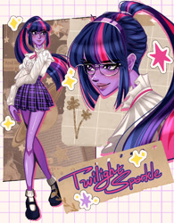 Size: 1172x1500 | Tagged: safe, artist:callimara, sci-twi, twilight sparkle, equestria girls, g4, blouse, clothes, collage, female, glasses, ponytail, skirt, solo