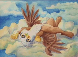 Size: 6847x5015 | Tagged: safe, artist:the-wizard-of-art, gilda, griffon, g4, absurd resolution, behaving like a cat, catbird, catnip, cloud, cloudy, cute, female, gilda is amused, gildadorable, griffons doing cat things, lying down, lying on a cloud, on a cloud, on back, outdoors, sky, solo, traditional art, watercolor painting