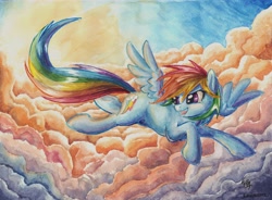 Size: 6822x5010 | Tagged: safe, artist:the-wizard-of-art, rainbow dash, pegasus, pony, g4, absurd resolution, cloud, cloudy, female, flying, looking back, mare, open mouth, open smile, sky, smiling, solo, spread wings, tail, traditional art, watercolor painting, wings