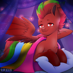 Size: 2000x2000 | Tagged: safe, alternate character, alternate version, artist:erein, oc, oc only, oc:lucky flame, pegasus, pony, bedroom, commission, ears up, flag, garland, high res, indoors, lgbt, looking at you, male, multicolored hair, multicolored tail, night, pansexual, pansexual pride flag, pegasus oc, pillow, pride, pride flag, pride month, red eyes, red fur, room, smiling, smiling at you, solo, spread wings, string lights, tail, wings, ych result