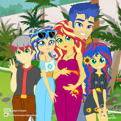 Size: 1491x1498 | Tagged: safe, artist:gisbelleart, flash sentry, sunset shimmer, oc, oc:silver quick sentry shimmer, oc:summer sky sentry shimmer, oc:sunflower sentry shimmer, equestria girls, g4, family, female, flower, male, offspring, older flash sentry, older sunset, older sunset shimmer, parent:flash sentry, parent:sunset shimmer, parents:flashimmer, pregnant, pregnant equestria girls, ship:flashimmer, shipping, straight, sunflower, sunset preggers