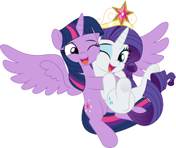 Size: 8000x6708 | Tagged: safe, artist:jhayarr23, artist:twilirity, rarity, twilight sparkle, alicorn, pony, unicorn, g4, absurd resolution, big crown thingy, cute, duo, duo female, element of magic, female, happy, holding a pony, horn, hug, jewelry, legs in the air, lesbian, looking at you, magic, mare, open mouth, open smile, raribetes, regalia, ship:rarilight, shipping, simple background, smiling, smiling at you, spread hooves, spread wings, swinging, transparent background, twiabetes, twilight sparkle (alicorn), wings