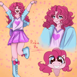 Size: 3250x3250 | Tagged: safe, artist:sugarcrush19, pinkie pie, earth pony, human, pony, equestria girls, g4, blushing, boots, bracelet, clothes, cute, diapinkes, eyes closed, female, grin, high heel boots, jacket, jewelry, mare, open mouth, shirt, shoes, skirt, smiling, solo, vest