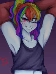Size: 2500x3250 | Tagged: safe, artist:sugarcrush19, rainbow dash, human, equestria girls, g4, alternate hairstyle, armpits, belly, belly button, blushing, clothes, female, gradient background, grin, hoodie, midriff, multicolored hair, one eye closed, ponytail, rainbow hair, smiling, solo, tank top, undressing, wink