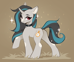 Size: 3337x2818 | Tagged: safe, artist:sugarstar, oc, oc only, oc:smoky spectre, pony, unicorn, butt, choker, coat markings, collar, colored pinnae, facial markings, grass, hock markings, horn, leg markings, long hair, looking at you, looking back, looking back at you, plot, raised hoof, red eyes, simple background, solo, sparkles, sparkly mane, sparkly tail, standing, stripe (coat marking), tail, tan background
